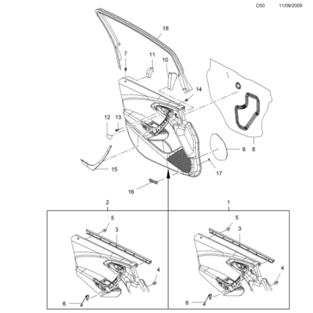 Opel Astra J Right Front Door Interior Trim Black Fabric Covering (Grey Arm Detail) GM Genuine 2230307 - 13378968