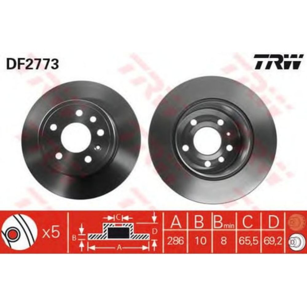 Opel Vectra B, Saab 9-3 Rear Brake Disc Kit Flat 286Mm TRW Brand 569210 - 90512910