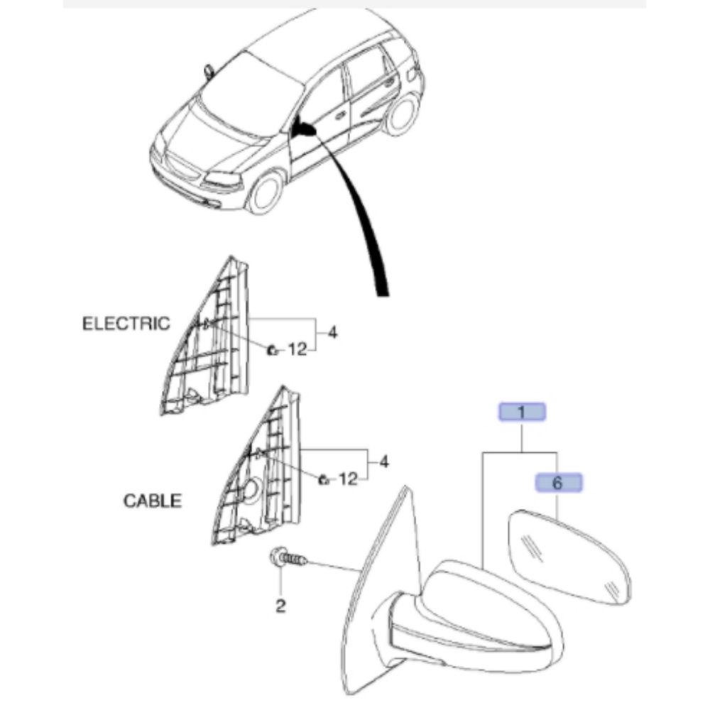 Product Code : 96543124 - Chevrolet Aveo Left Outside Rear View Mirror GM Genuine 96543124 - 96406524