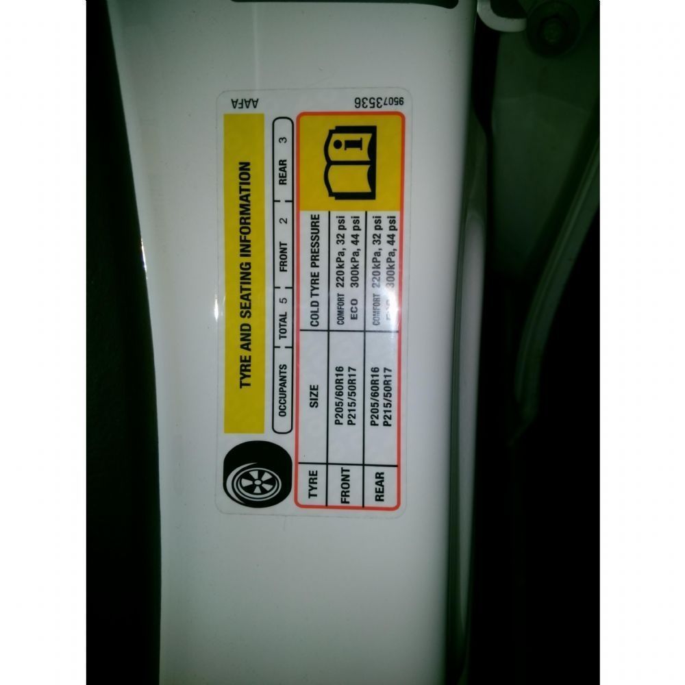 Chevrolet Cruze Tyre Pressure Label GM Genuine 95073536