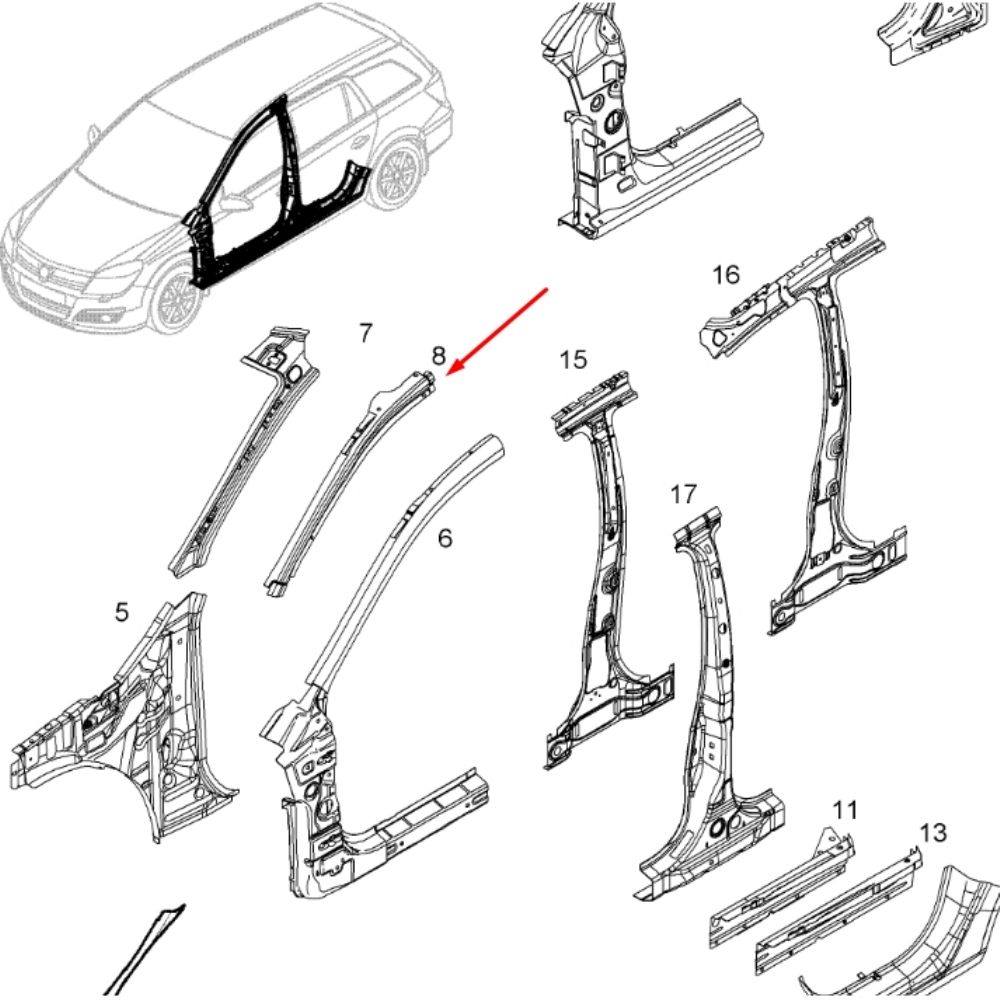 Opel Astra H Right Front Inner Pillar Reinforcement Sheet GM Original 93180678 - 120456