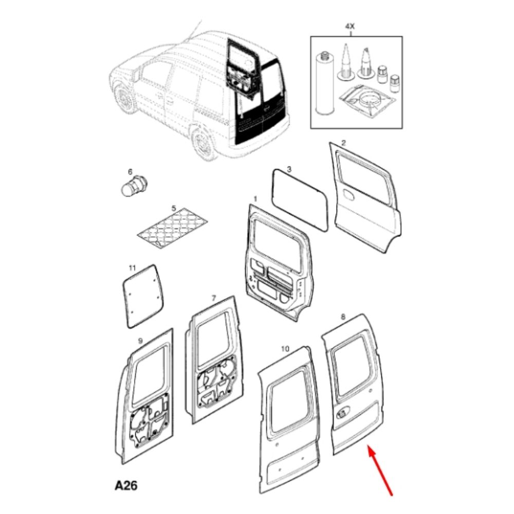 Opel Combo C Right Rear Exterior Door Sheet F06 F25 GM Genuine 128142 - 93172755