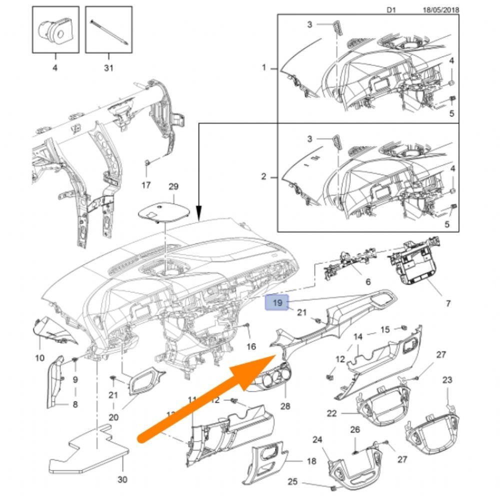 Product Code : 39059036 - Opel Corsa E Centre Front Interior Dashboard Panel Torpedo Top Right Lath Complete GM Original 39059036