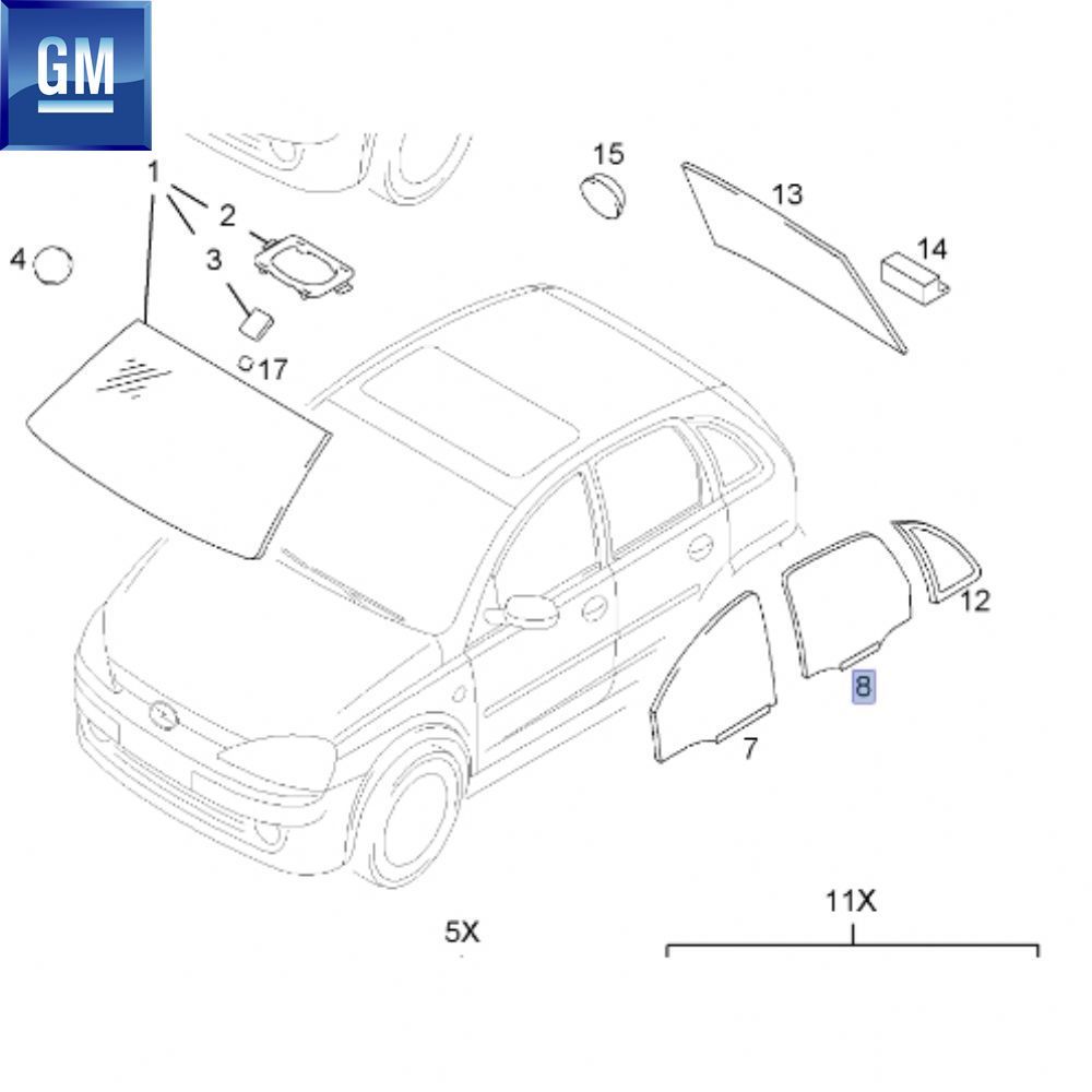 Product Code : 5161256 - Opel Corsa C Left Rear Door Glass Green (5 Door Model) GM Original 5161256 - 9113429