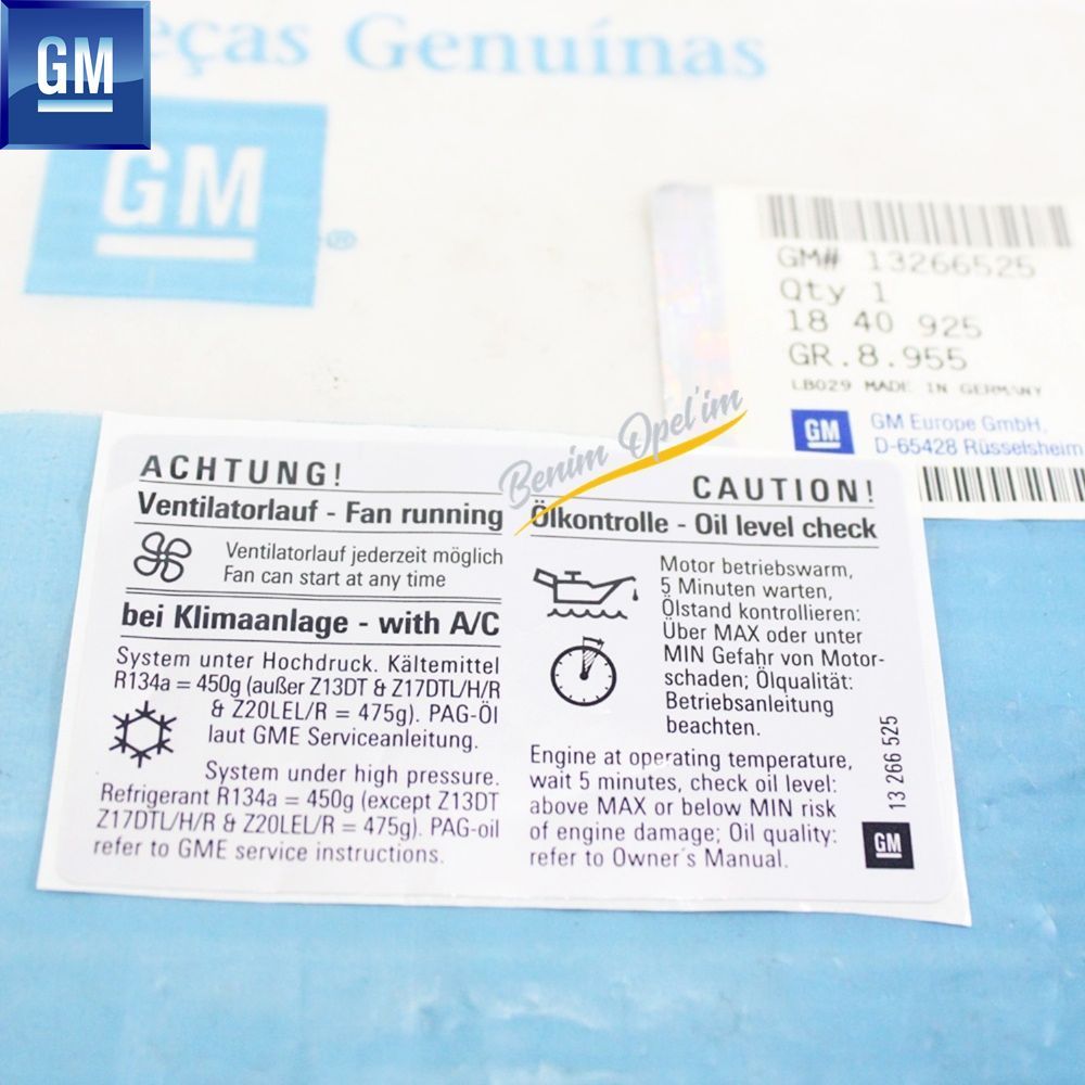 Opel Astra H Zafira B Air Conditioner Warning Sticker Grey Achtung Caution GM Genuine 1840925 - 13266525