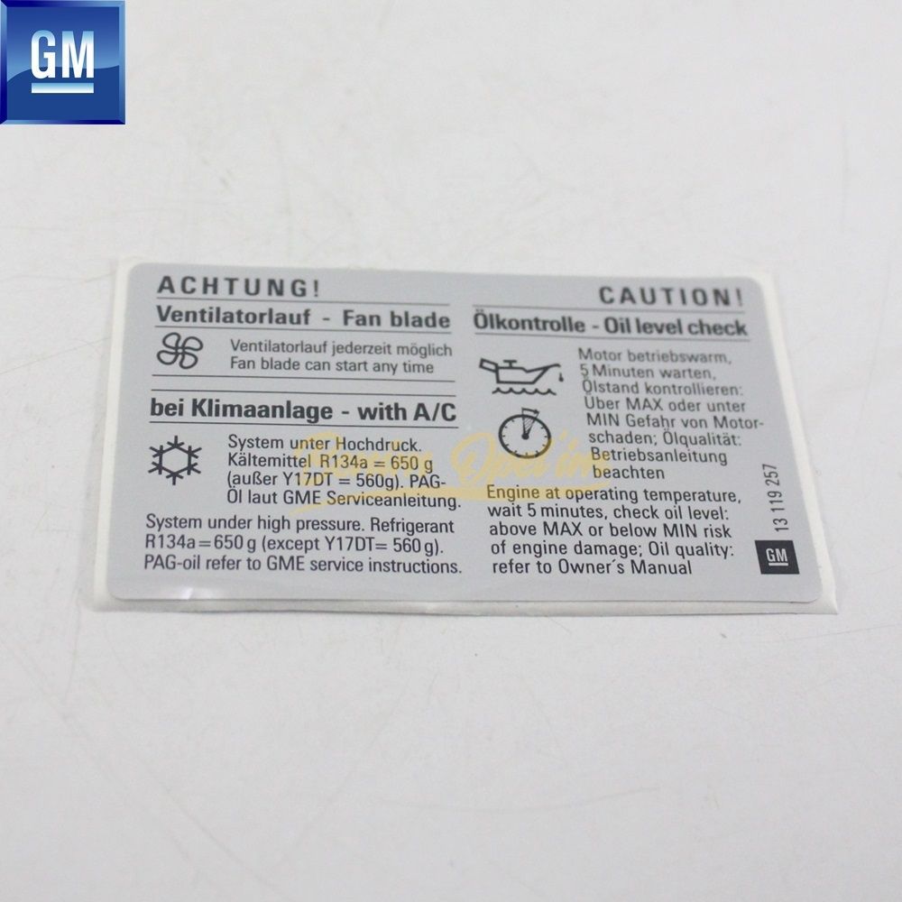 Product Code : 13119257 - Opel Chevrolet Air Conditioner Sticker Grey (Achtung Cautıon) GM Original 13119257 - 6840909