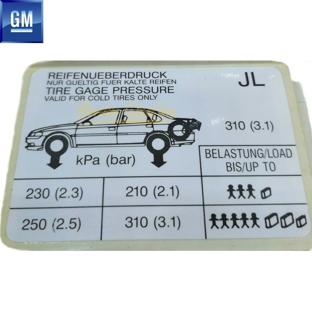 Product Code : 1008981 - Opel Vectra B Vehicle Visual Tyre Pressure Label 4.8X7Cm (JL) GM Genuine 1008981 - 90539653