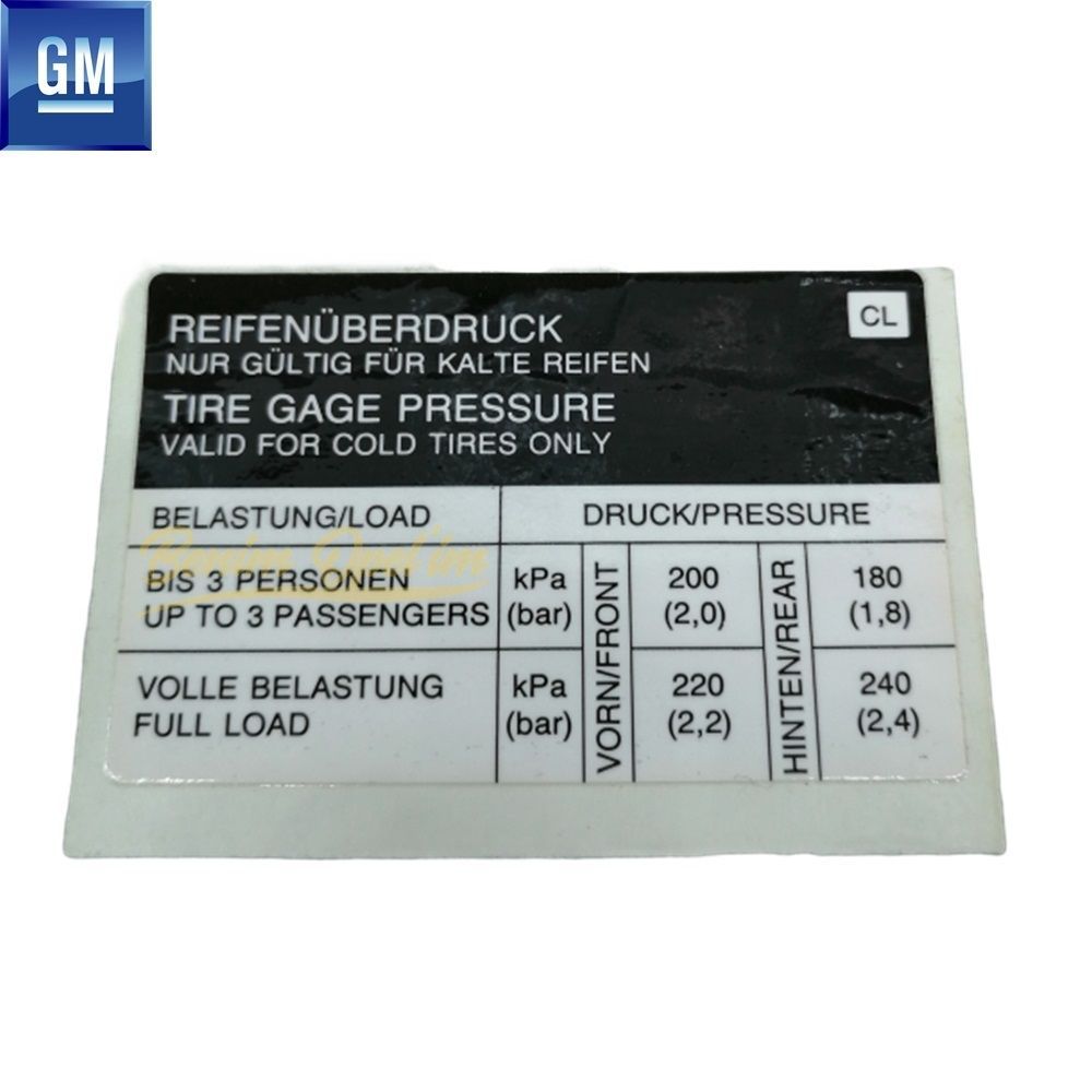 Product Code : 1008867 - Opel Tyre Pressure Label 4.5X7Cm (Cl) Tank Cover Inside GM Genuine 1008867 - 90375985 - 90375985