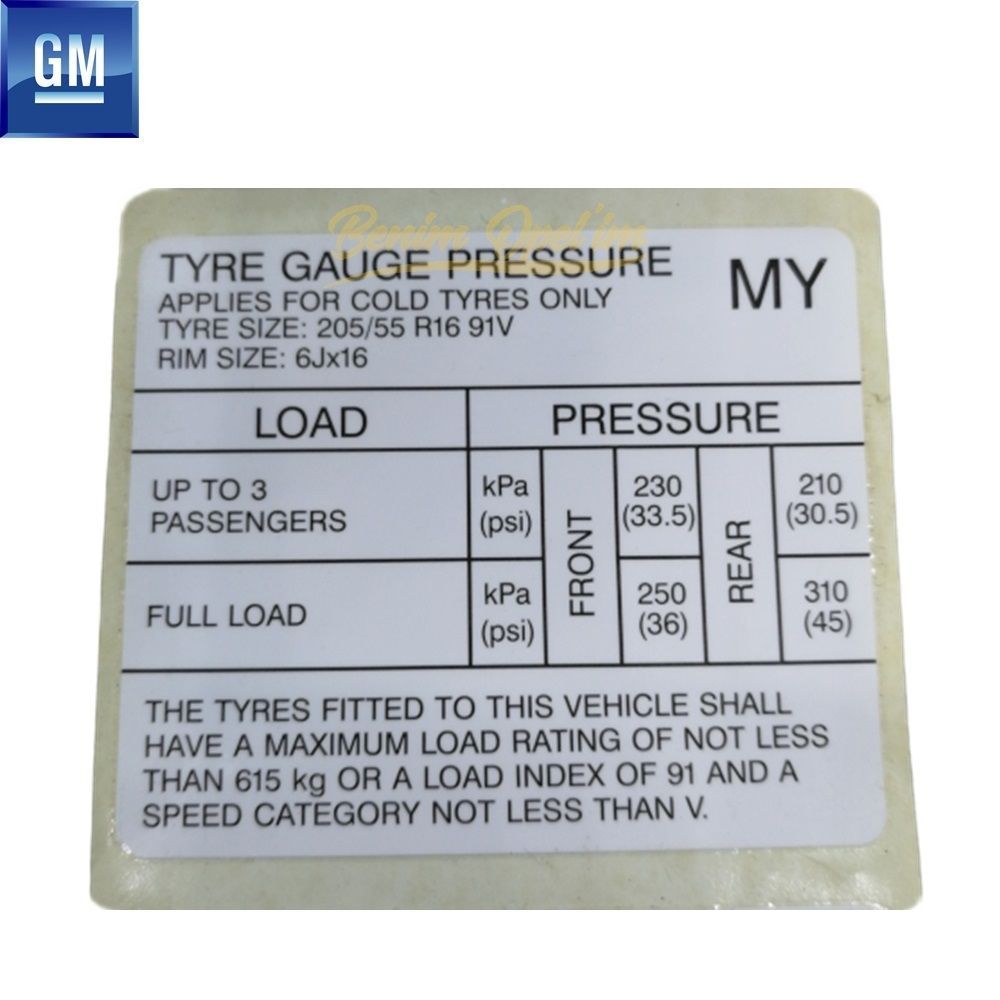 Opel Tyre Pressure Label 5.8X6.9Cm (My) Tank Cover Inside GM Genuine 6008896 - 93184613 - 93184613