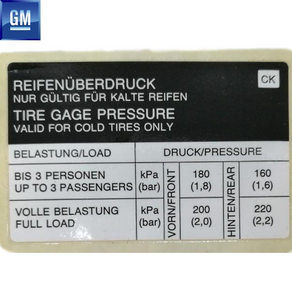 Opel Tyre Pressure Label 4.4X7Cm (Ck) Tank Cover Inside GM Original 90539654 - 1008982