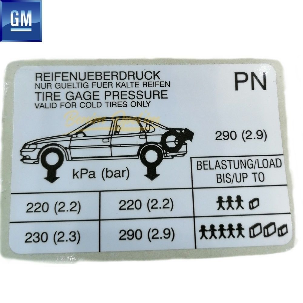 Opel Vectra B Tyre Pressure Label Tank Cover Inside 4.8X7Cm (PN) GM Genuine 6008799 - 24457158