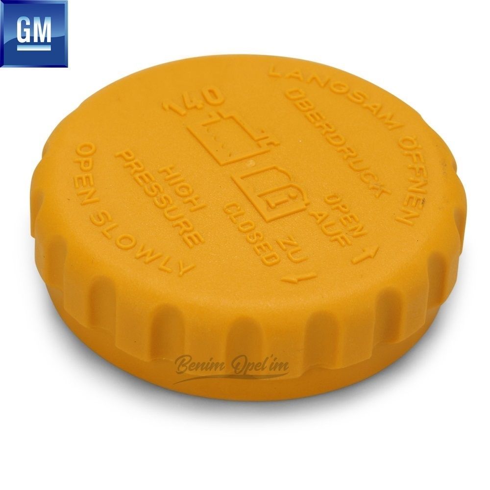 Radiator Spare Water Tank Cap Yellow Opel Astra F G, Zafira A, Corsa B C, Combo B C, Meriva A, Omega A B, Vectra A B, Calibra, Tigra A B, Frontera A GM Imported Original 1304666 - 90467473