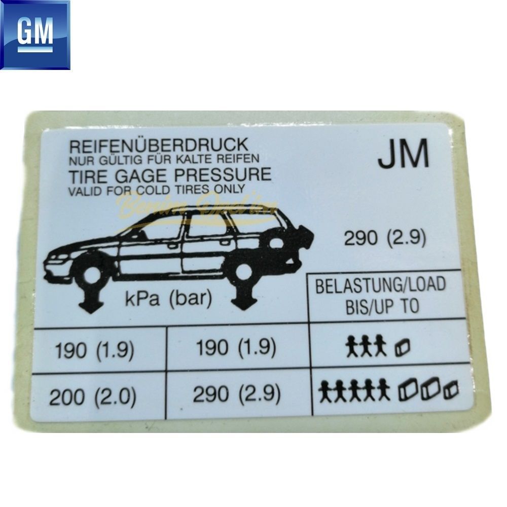 Opel SW Vehicle Visual Tyre Pressure Label 4.7X6.9Cm (Jm) GM Genuine 1008982 - 90539654