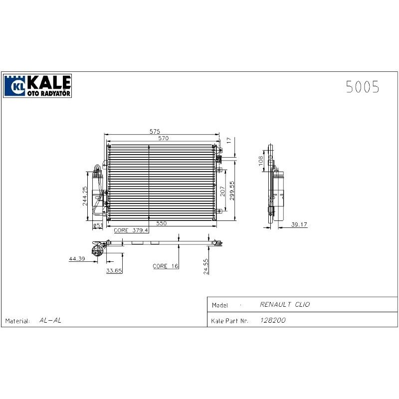 KLİMA RADYATÖRÜ RENAULT CLIO II KANGO 97-01 1.2 1.4 1.5  (1 SIRA AL+PL SİSTEM)