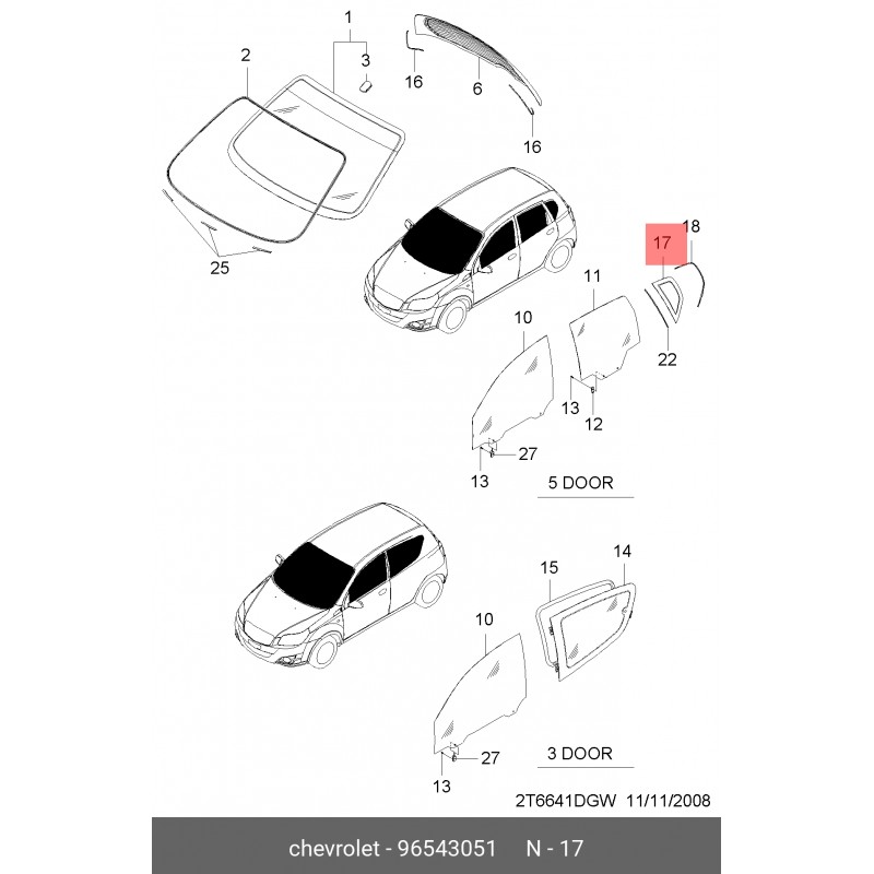 Ürün Kodu : 96543051 - Chevrolet Aveo Sağ arka Kelebek Camı H/B Gm Orjinal