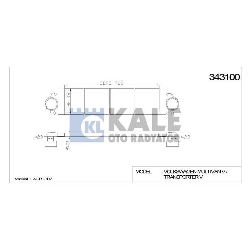 Ürün Kodu : KL343100 - TURBO RADYATÖRÜ (INTERCOOLER) VW MULTIVAN V TRANSPORTER V (720X194X27) AL/PL/BRZ