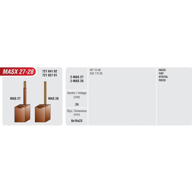 MASX27-28 24V MARŞ KÖMÜRÜ ISUZU FIAT IVECO  BSX-71 MUADİLİ 24V 9*16X23 MAKO MAGNETI MARELLI TİPİ